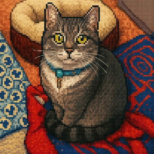 Pixel-art portrait of a shelter animal, redrawn from its adoption photo