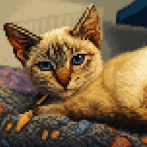 Pixel-art portrait of a shelter animal, redrawn from its adoption photo
