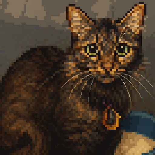Pixel-art portrait of a shelter animal, redrawn from its adoption photo
