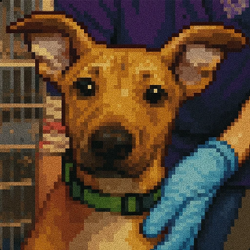 Pixel-art portrait of a shelter animal, redrawn from its adoption photo